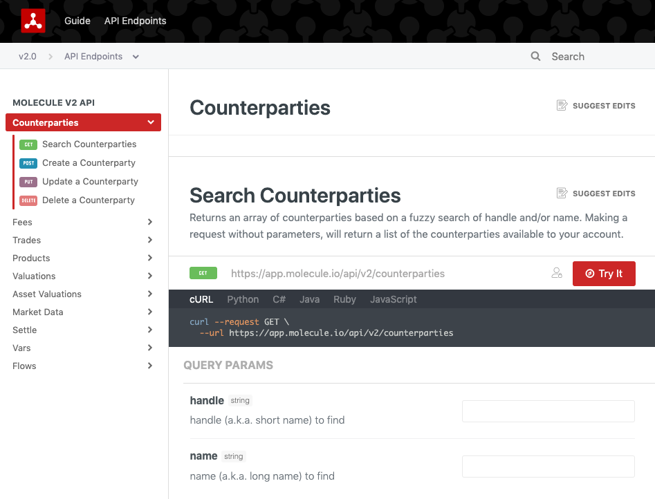 Screenshot of Molecule ETRM/CTRM software development hub with API calls