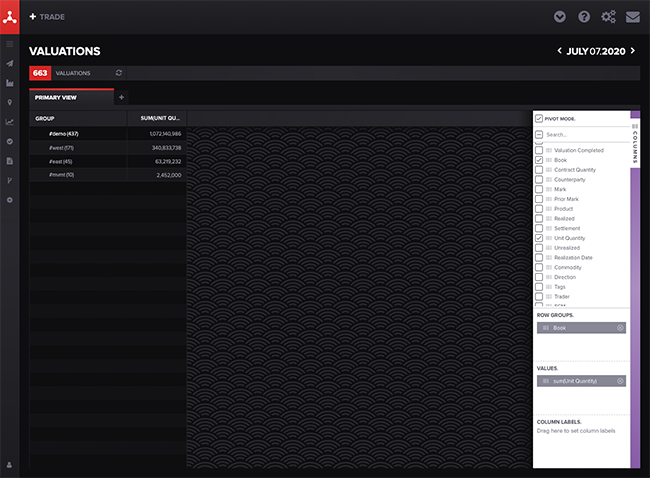 Screenshot of Molecule ETRM/CTRM system Valuation screen for customizable reporting