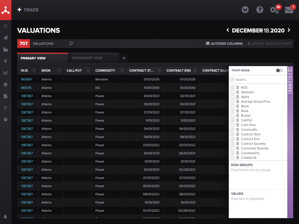 Screenshot of Molecule ETRM/CTRM system Valuations screen and column picker