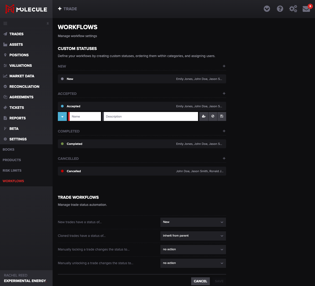 Screenshot of Molecule ETRM/CTRM workflow management feature with custom status options 