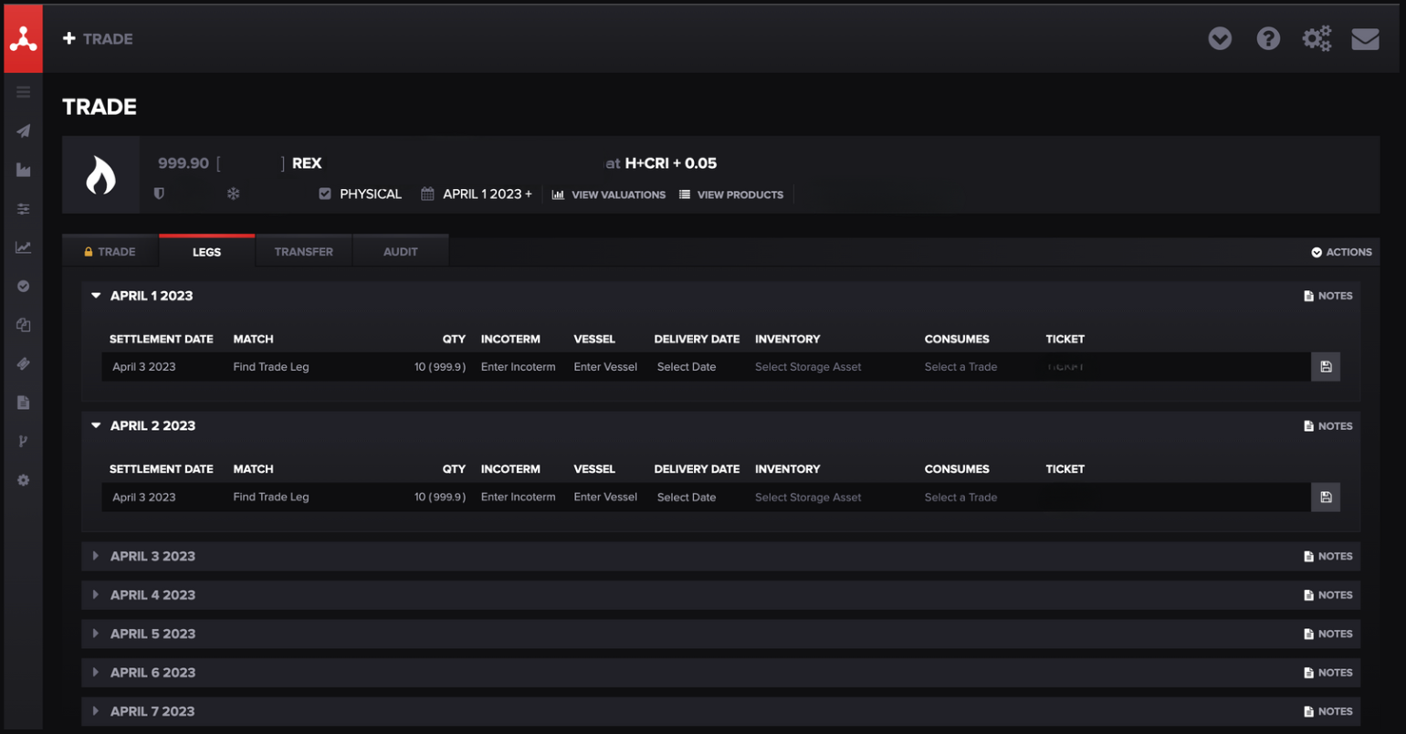 A screenshot of the subleg feature Molecule's ETRM system for physical commodity management.