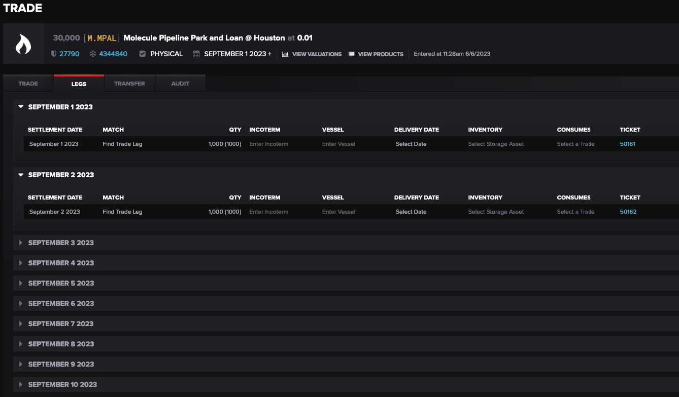 Molecule ETRM system park and loans feature