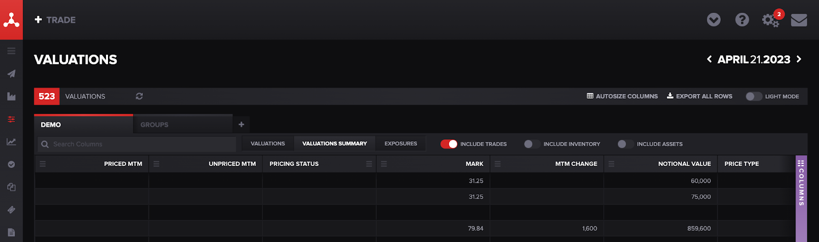 A screenshot of Molecule's Valuations screen with priced mark-to-market, unpriced mark-to-market, mark-to-market change, and more.