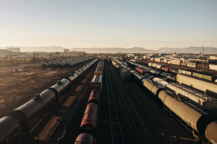 Trains on a railroad transporting cargo 