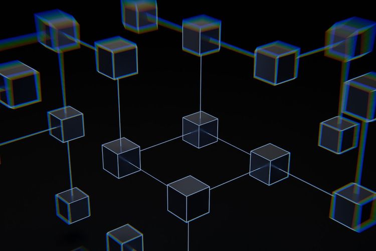 Abstract graphic resembling a blockchain: boxes connected by lines 