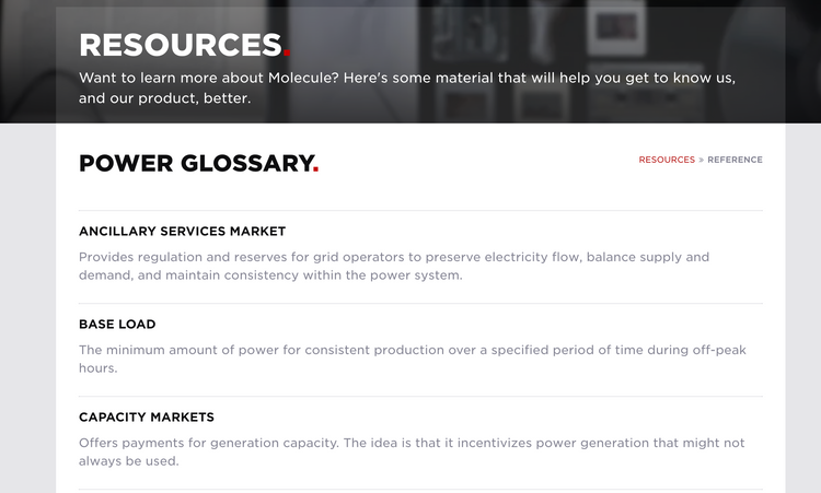 Screenshot of Molecule's Energy Trading: Power Glossary