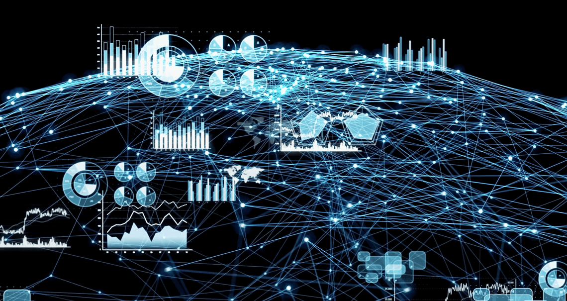 Abstract digital network with floating charts and graphs, connected by glowing lines