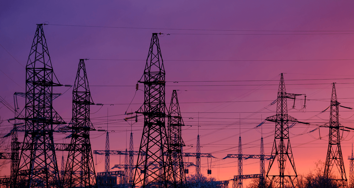 Power transmission lines at sunset
