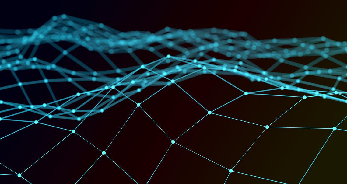 Abstract 3D cyan network mesh with interconnected nodes forming a wave-like surface on a dark background