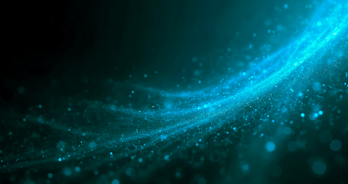 Cyan light stream curving across dark teal background, breaking into scattered glowing particles.