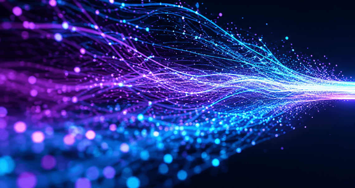 Glowing blue and purple data streams converging and fragmenting at high speed against a dark background.