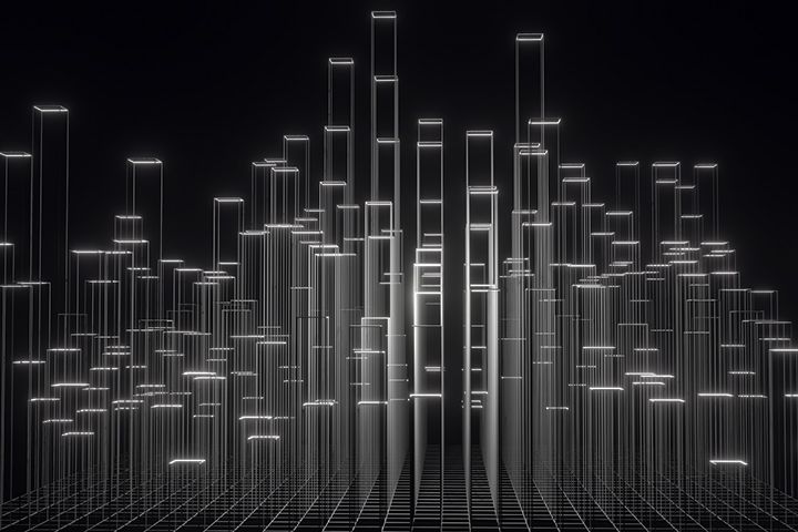 Abstract graphic resembling skyscrapers emerging from data grid 