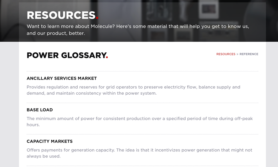 Screenshot of Molecule's Energy Trading: Power Glossary