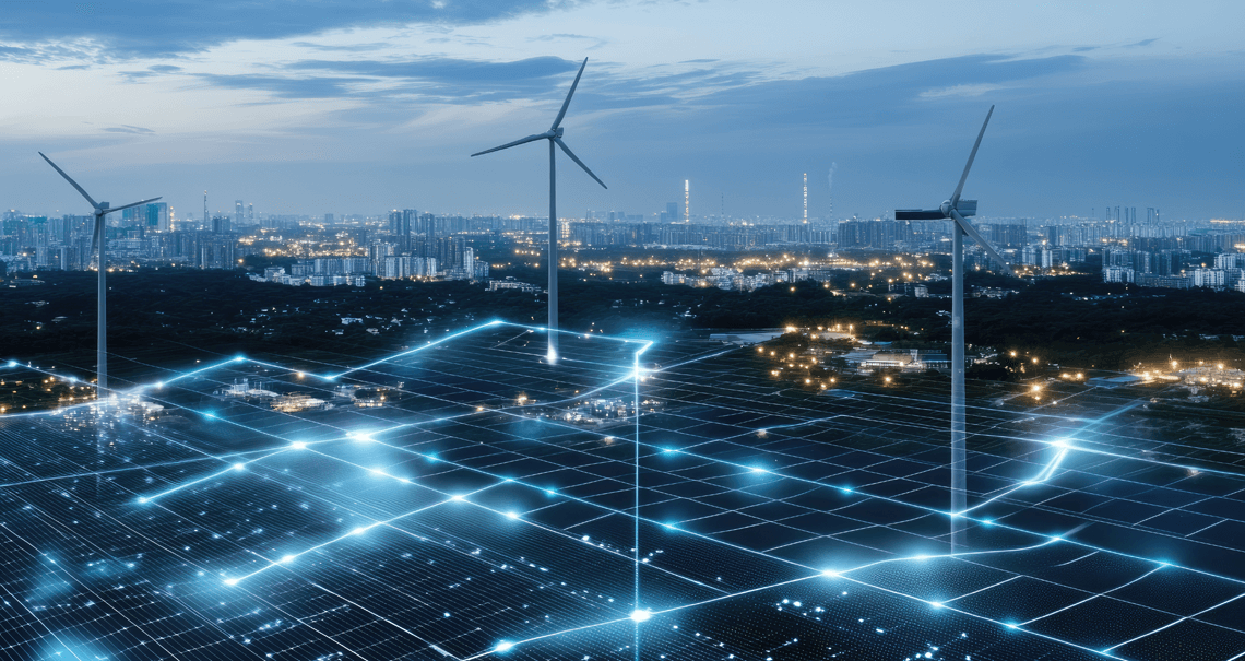 A city landscape with wind turbines and glowing data streams in the foreground