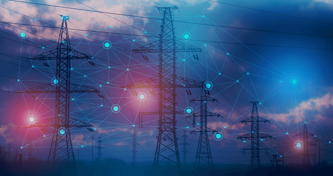 Power grid with glowing nodes against a dark sky