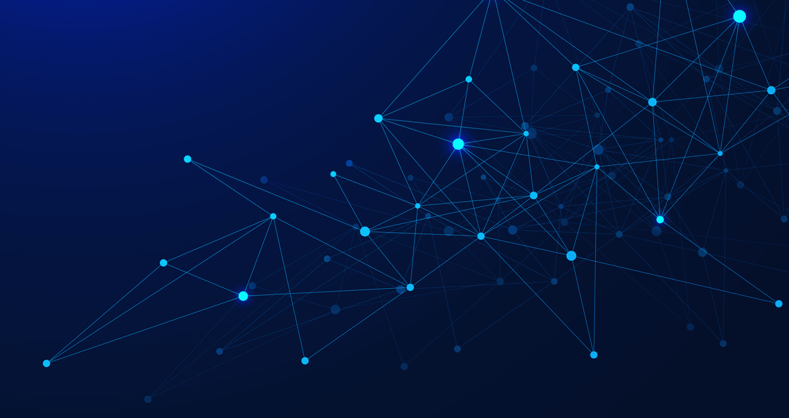 A few, glowing nodes on the left that gradually becomes a dense, tangled web of interconnected nodes toward the right.