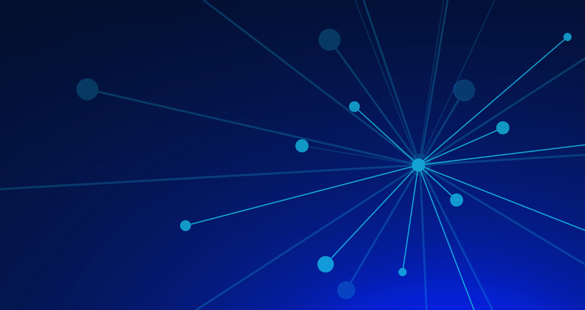 Abstract network diagram showing multiple nodes connected by lines radiating from a central point, on a dark blue gradient background.